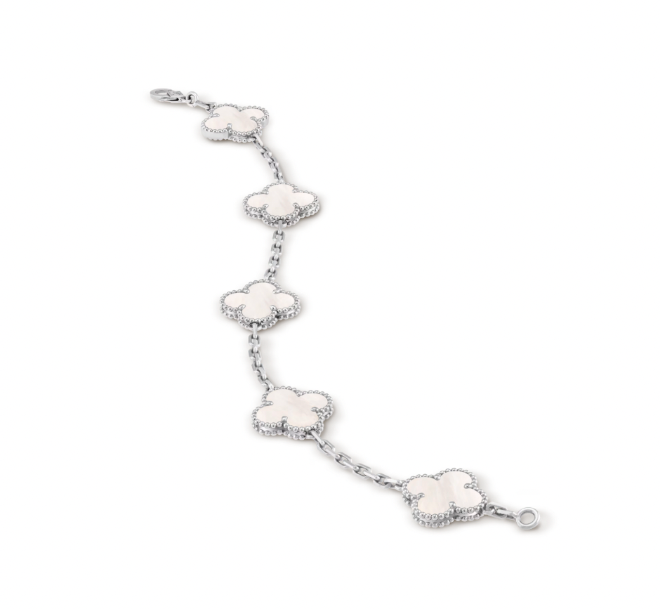 Vintage Alhambra bracelet, 5 motifs, rhodium plated 18K white gold, white mother-of-pearl.