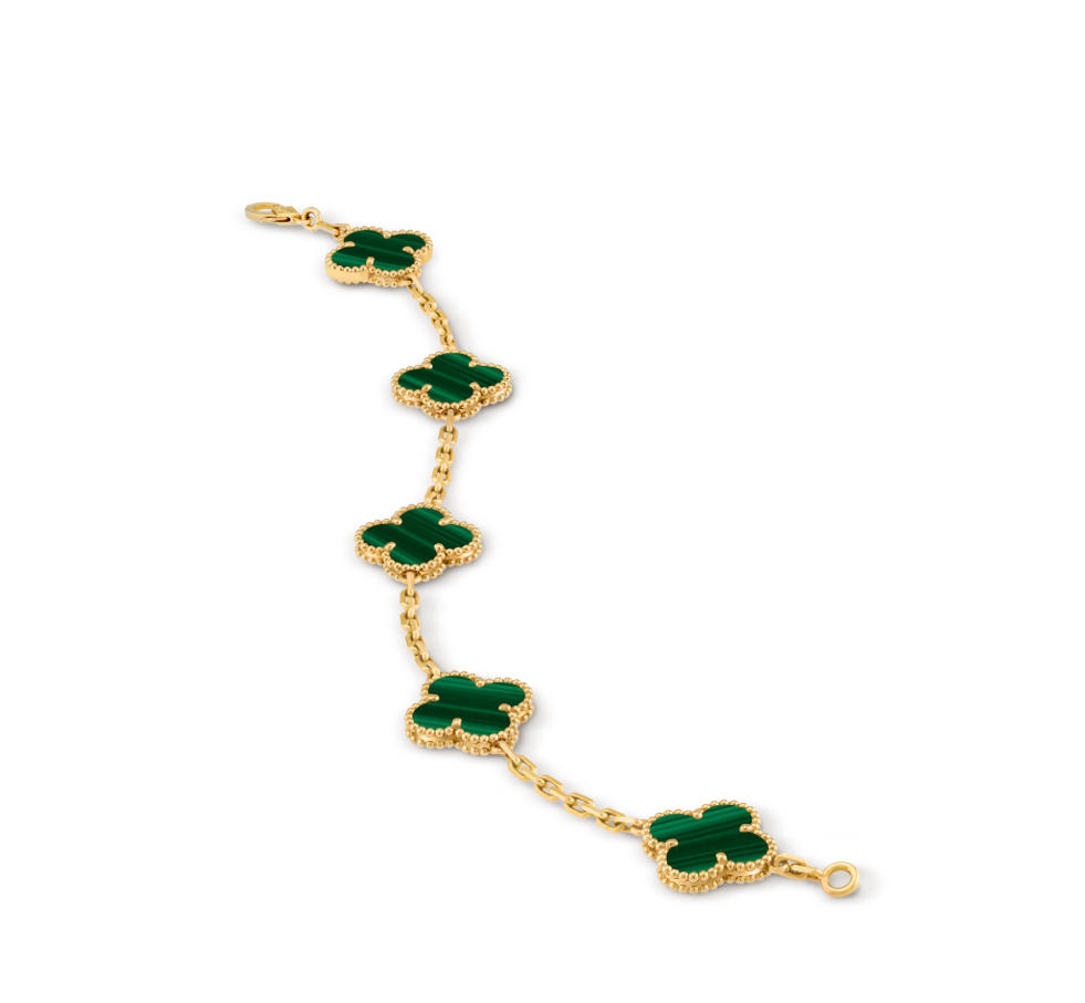 Vintage Alhambra bracelet, 5 motifs, 18K yellow gold, malachite.