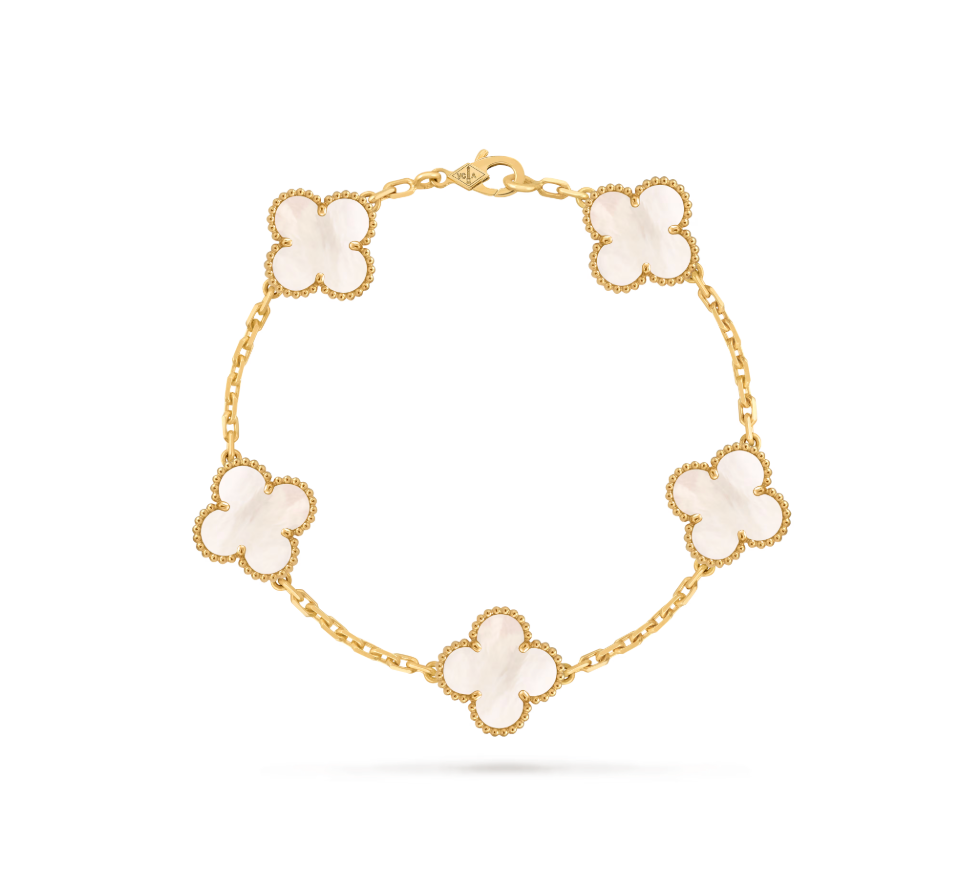 Vintage Alhambra bracelet, 5 motifs, 18K yellow gold, white mother-of-pearl.