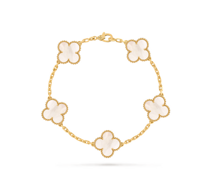 Vintage Alhambra bracelet, 5 motifs, 18K yellow gold, white mother-of-pearl.
