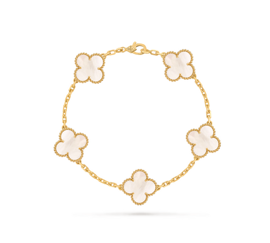 Vintage Alhambra bracelet, 5 motifs, 18K yellow gold, white mother-of-pearl.