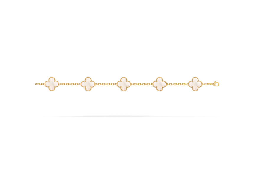Vintage Alhambra bracelet, 5 motifs, 18K yellow gold, white mother-of-pearl.