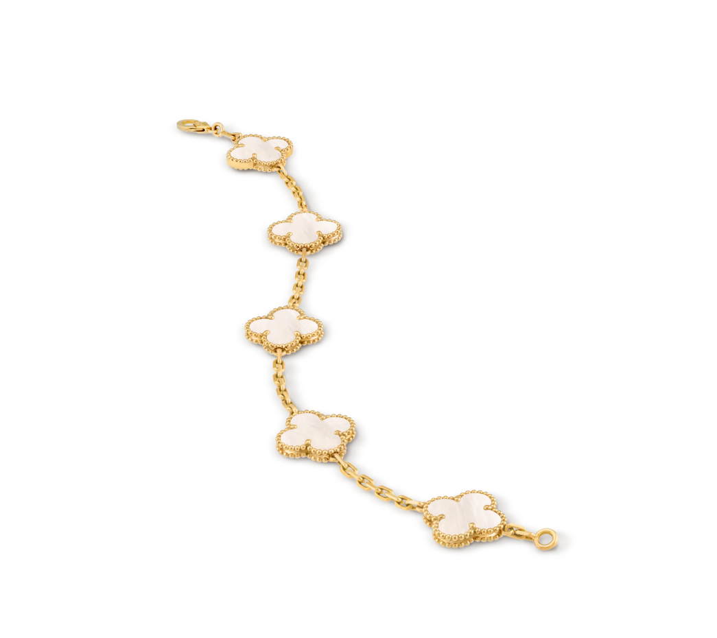 Vintage Alhambra bracelet, 5 motifs, 18K yellow gold, white mother-of-pearl.