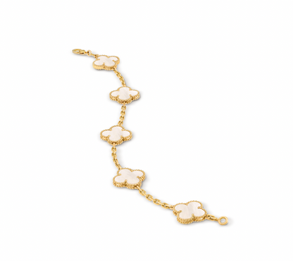 Vintage Alhambra bracelet, 5 motifs, 18K yellow gold, white mother-of-pearl.