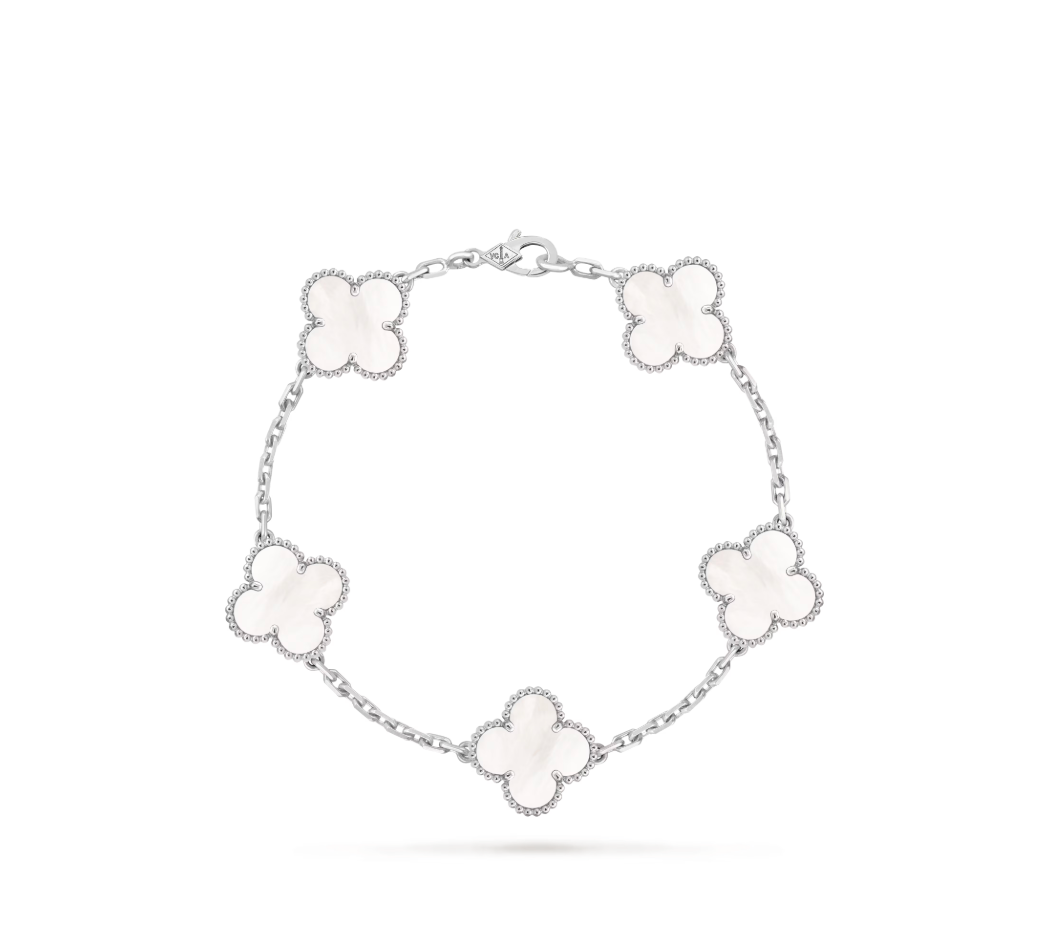 Vintage Alhambra bracelet, 5 motifs, rhodium plated 18K white gold, white mother-of-pearl.