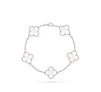 Vintage Alhambra bracelet, 5 motifs, rhodium plated 18K white gold, white mother-of-pearl.