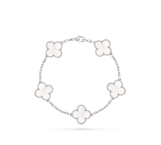 Vintage Alhambra bracelet, 5 motifs, rhodium plated 18K white gold, white mother-of-pearl.