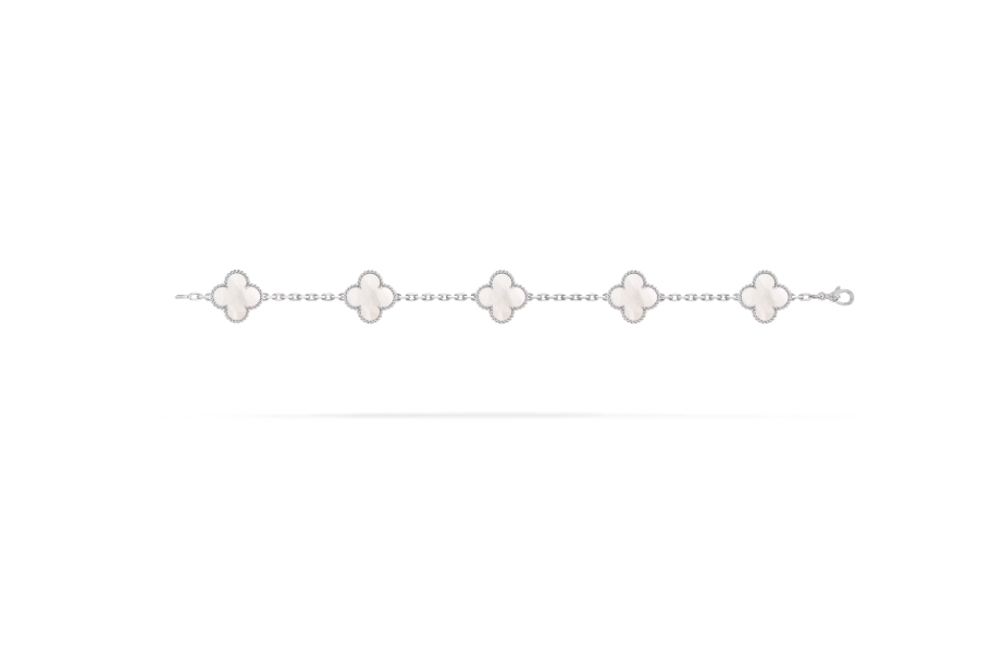 Vintage Alhambra bracelet, 5 motifs, rhodium plated 18K white gold, white mother-of-pearl.