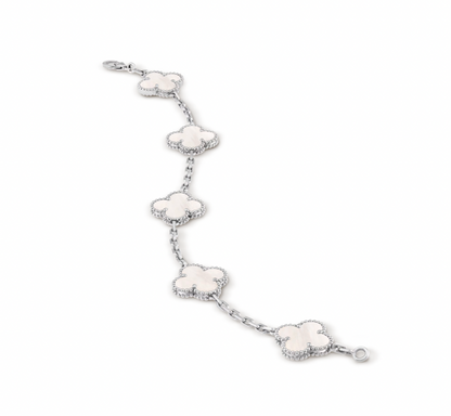 Vintage Alhambra bracelet, 5 motifs, rhodium plated 18K white gold, white mother-of-pearl.