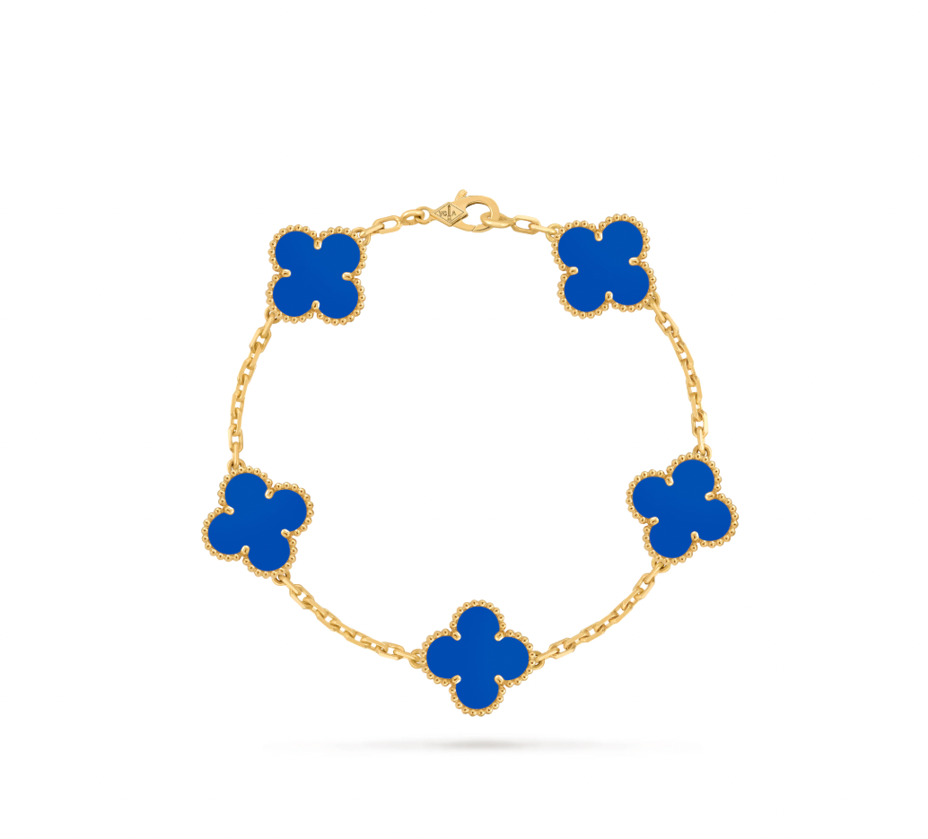 Vintage Alhambra bracelet, 5 motifs, 18K yellow gold, blue agate.