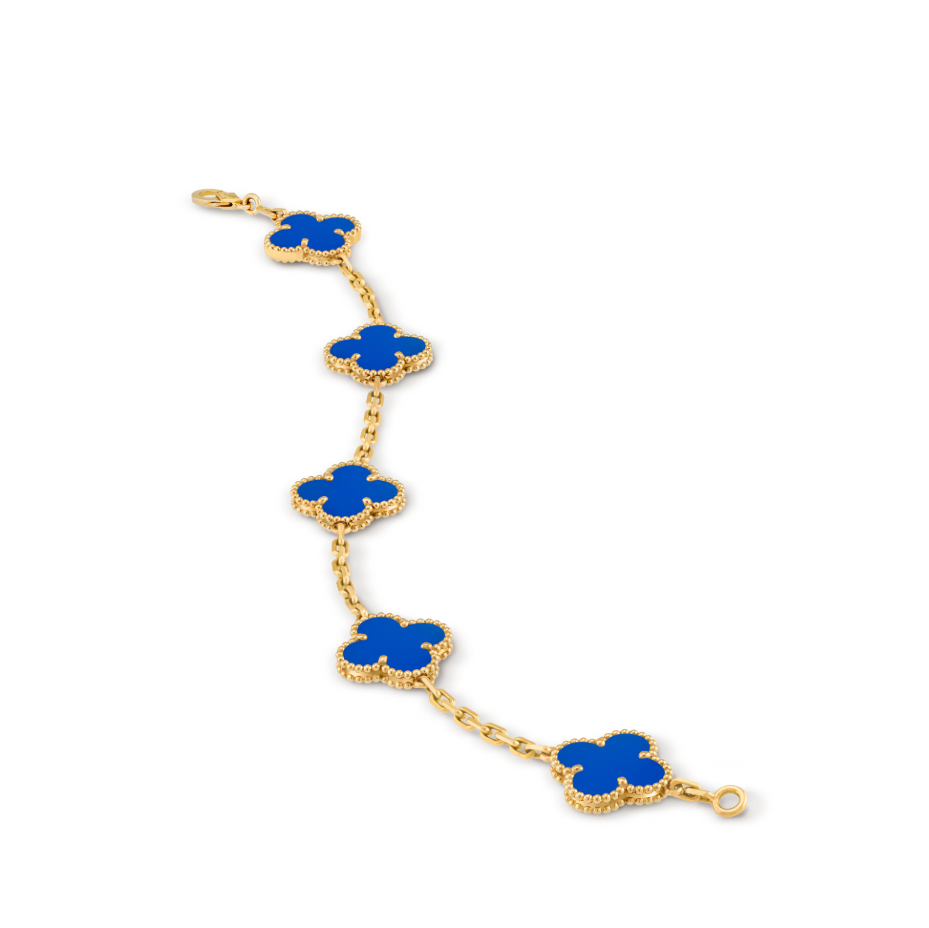 Vintage Alhambra bracelet, 5 motifs, 18K yellow gold, blue agate.