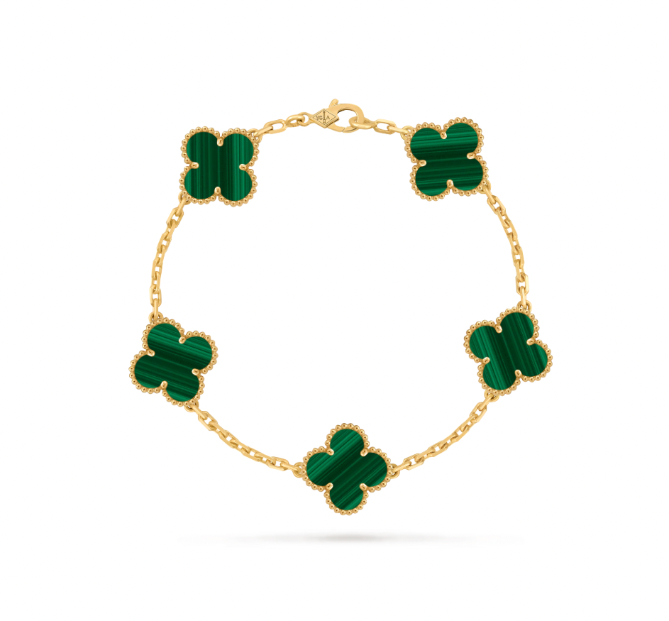 Vintage Alhambra bracelet, 5 motifs, 18K yellow gold, malachite.