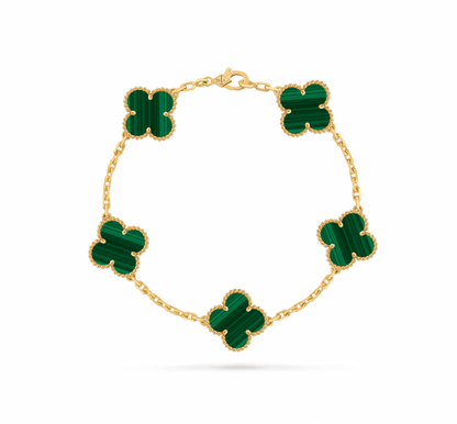 Vintage Alhambra bracelet, 5 motifs, 18K yellow gold, malachite.