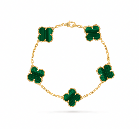 Vintage Alhambra bracelet, 5 motifs, 18K yellow gold, malachite.