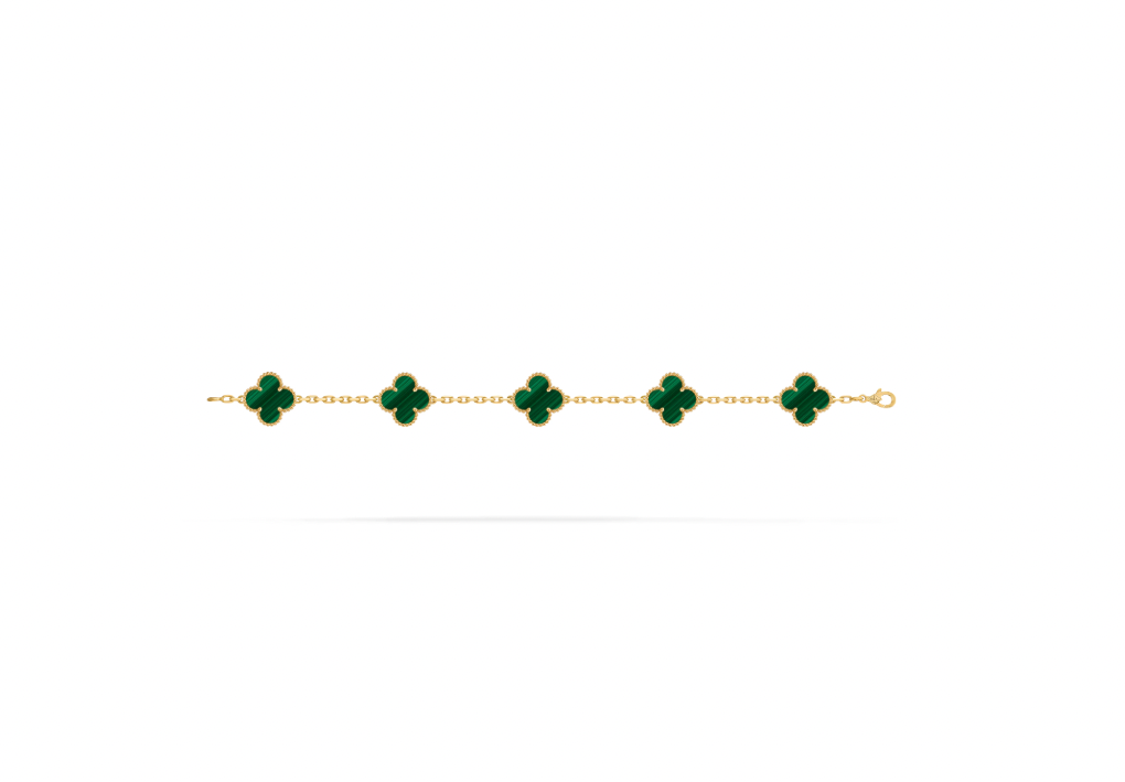 Vintage Alhambra bracelet, 5 motifs, 18K yellow gold, malachite.