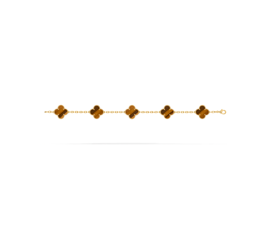Vintage Alhambra bracelet, 5 motifs, 18K yellow gold, tiger’s eye.