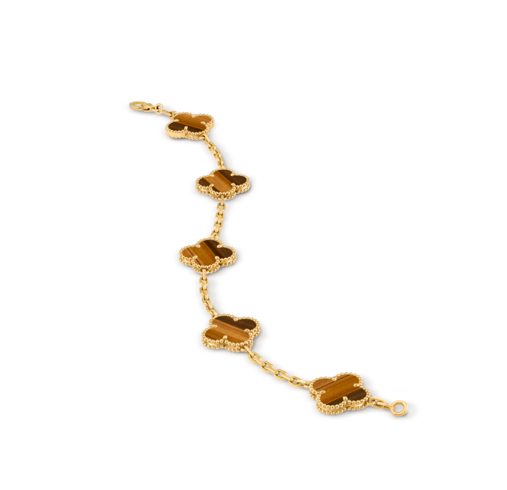 Vintage Alhambra bracelet, 5 motifs, 18K yellow gold, tiger’s eye.