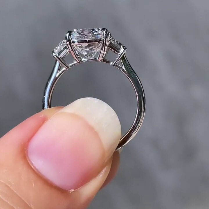 3.00tcw Cushion Lab Diamond Three Stone Ring | IGI Certified | D-E-F | VVS–VS | Trapezoid Side Stones