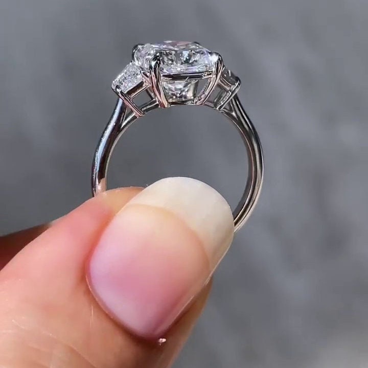 3.00tcw Cushion Lab Diamond Three Stone Ring | IGI Certified | D-E-F | VVS–VS | Trapezoid Side Stones