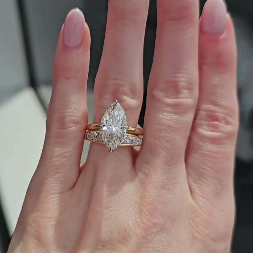 3.20tcw Marquise Lab Diamond Hidden Halo Engagement Ring | Two-Tone Gold | IGI Certified
