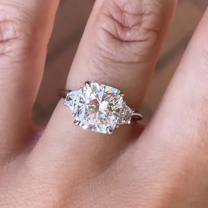 3.00tcw Cushion Lab Diamond Three Stone Ring | IGI Certified | D-E-F | VVS–VS | Trapezoid Side Stones