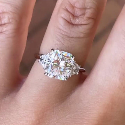 3.00tcw Cushion Lab Diamond Three Stone Ring | IGI Certified | D-E-F | VVS–VS | Trapezoid Side Stones