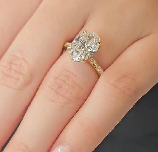 3.20tcw Oval Lab Diamond Engagement Ring | Hidden Halo | IGI Certified | Yellow Gold | VVS–VS