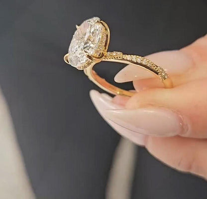 3.20tcw Oval Lab Diamond Engagement Ring | Hidden Halo | IGI Certified | Yellow Gold | VVS–VS