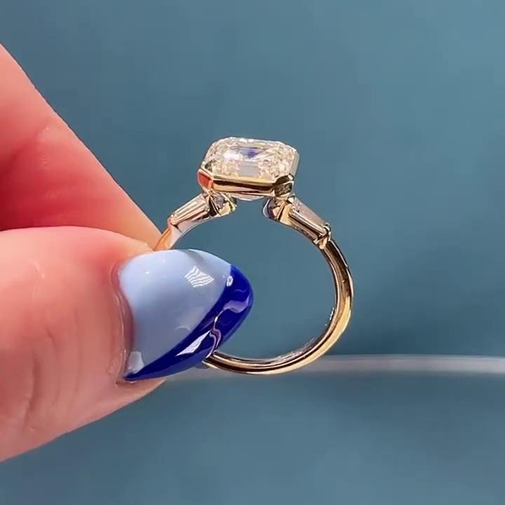 2.60tcw Asscher Lab Grown Diamond Bezel Three Stone Engagement Ring | IGI Certified | Yellow Gold