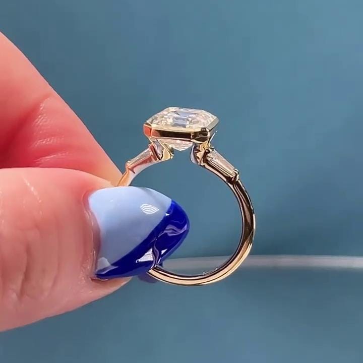 2.60tcw Asscher Lab Grown Diamond Bezel Three Stone Engagement Ring | IGI Certified | Yellow Gold