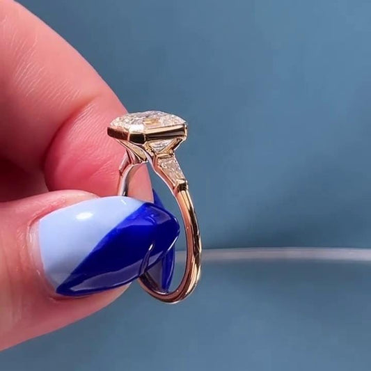 2.60tcw Asscher Lab Grown Diamond Bezel Three Stone Engagement Ring | IGI Certified | Yellow Gold