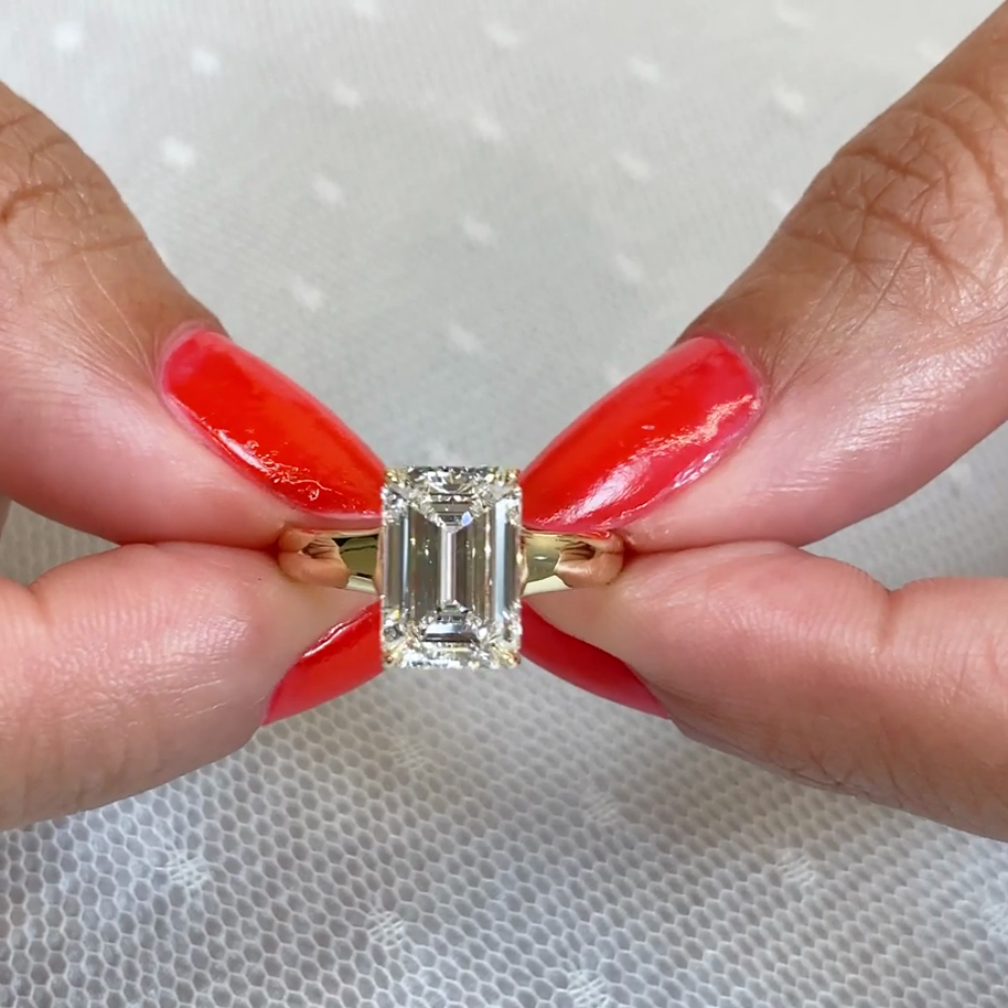 3.20tcw Emerald Lab Diamond Engagement Ring | Hidden Halo | Tapered Band | IGI Certified